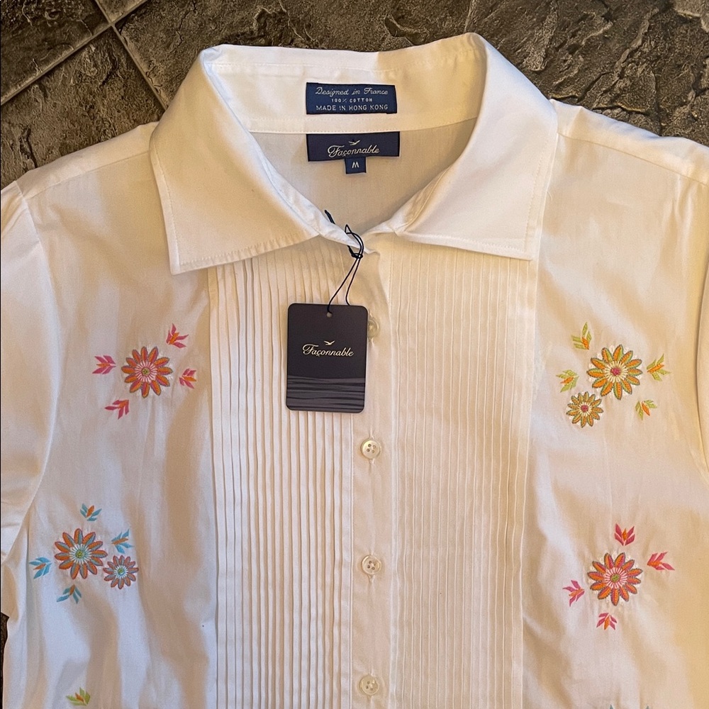 ⭐️NWT FACONNABLE Ladies Classic White Floral Embroidered Tuxedo Shirt Office